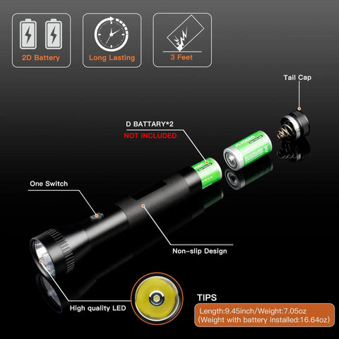 Heavy Duty Aluminum 2D Cell Big Flashlight with High Lumens, exploded view showing battery compartment and design features