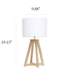 Interlocked Triangular Natural Wood Table Lamp With White Fabric Shade On Cord Easy Switch Sleek Modern Desk Light dimensions shown