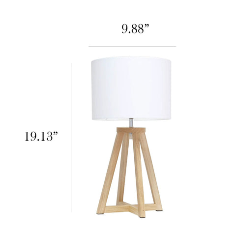 Interlocked Triangular Natural Wood Table Lamp With White Fabric Shade On Cord Easy Switch Sleek Modern Desk Light dimensions shown