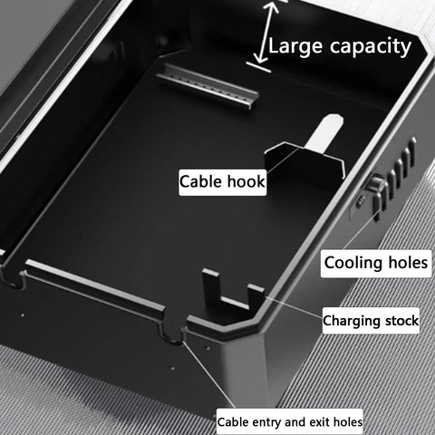 Interior view of Heavy Duty Outdoor EV Charger Protector With All Weather Rain Cover, showing cable hook and cooling holes.