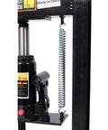 Close-up of Six Ton Hydraulic Shop Press With Precision Pressure Gauge for Bearing Install Auto Maintenance and Metal Fabrication 13000 Lb Load Rating.