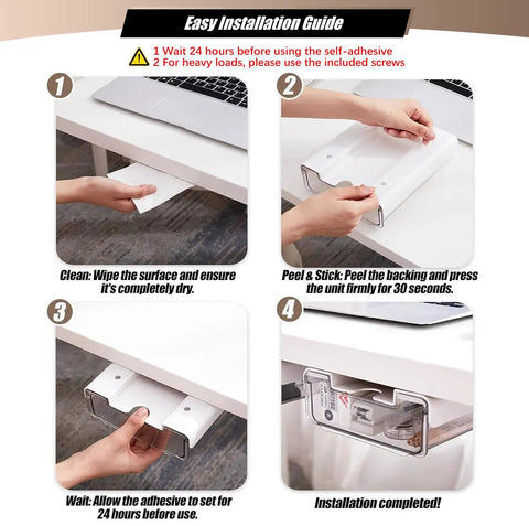 Easy installation guide for Two Pack Under Desk Storage Drawers With Smooth Slide Out Glides And Pick Either Adhesive Or Screw Mount Setup.