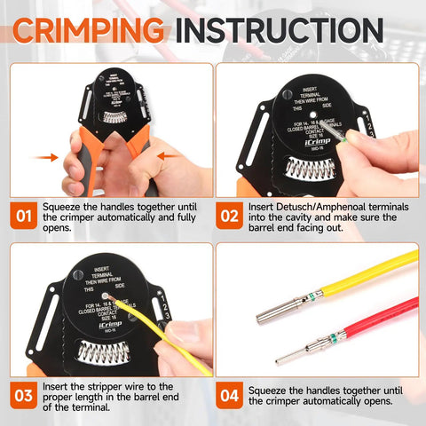 Crimping instruction for Deutsch 4 Indent 8 Impression Ratchet Crimp Tool Kit with steps for solid contacts and DT connectors.