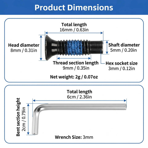 Eight Piece Scooter Replacement Screws Kit dimensions chart for Xiaomi M365 M365 Pro 1S Mi3 Ninebot Max G30 ES F Series