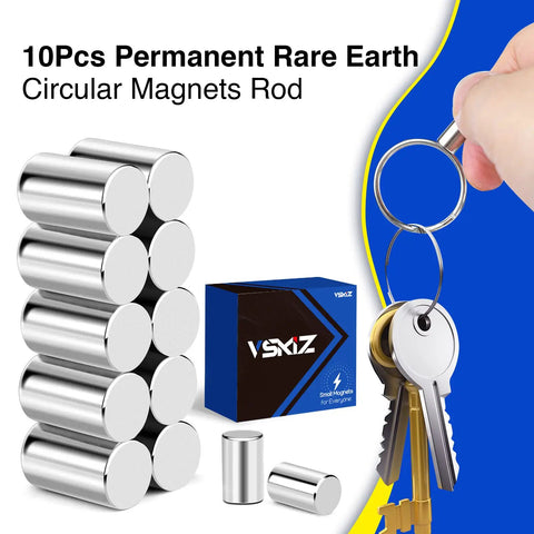 Ten Pack Powerful Cylinder Magnets For Crafts And Do It Yourself Projects shown with keys and packaging