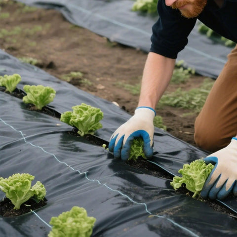 Heavy Duty Weed Barrier Landscape Fabric 3 Ft By 300 Ft Geotextile Weed Blocker in garden with lettuce plants visible through fabric