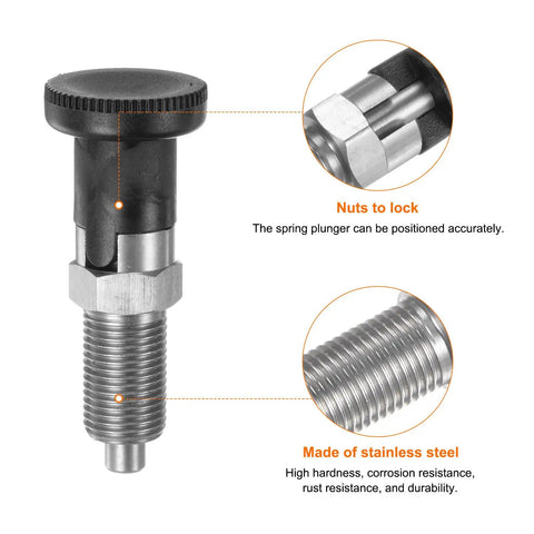 Pack Of Three Push Fit Ball Nose Spring Plungers Metric M16 Thread 8mm Pin Stainless Steel showing detailed structure and locking mechanism.