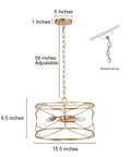 Gold Drum Chandelier 3 Light Modern Fixture, 15.5x9.5 inches, flower shape shade, openwork design, 59 inch chain, ceiling mount