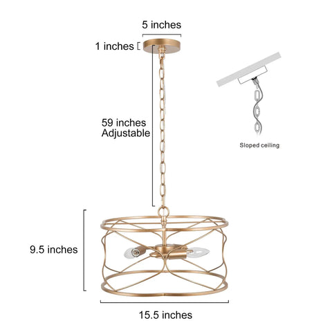 Gold Drum Chandelier 3 Light Modern Fixture, 15.5x9.5 inches, flower shape shade, openwork design, 59 inch chain, ceiling mount