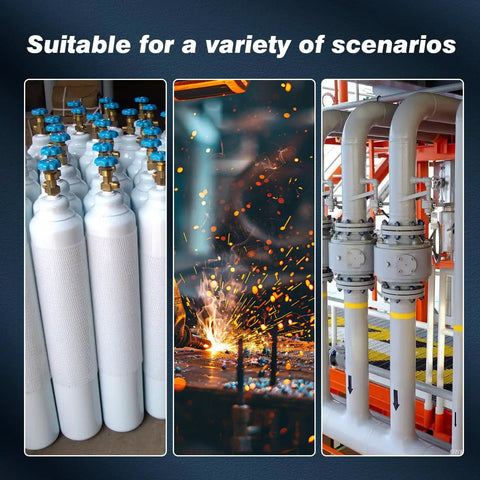 Gas welding setup collage: white cylinders with blue caps, welding sparks, and industrial piping.