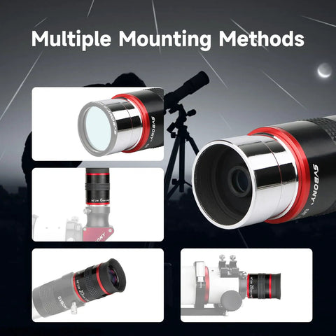 Multiple views of Ultra Wide 68 Degree 1.25 Inch Eyepiece Set for telescopes with FMC green film optics and various mounting methods.
