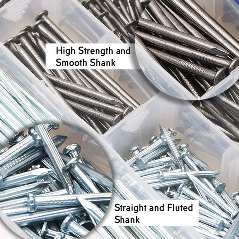 DIY Ready Flat Head And Concrete Nails Kit 420 Piece Set close-up of smooth shank and fluted zinc plated steel nails in box compartments