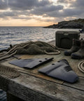 Outboard Hydrofoil Stabilizer Fin With Ribbed Design For Steadier Water Ride on pier near sea with fishing gear at dusk
