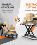 Image showing comparison of manual handling versus Heavy Duty Electric Scissor Lift Table Cart With 660 Pound Capacity And 52 Inch Max Height.