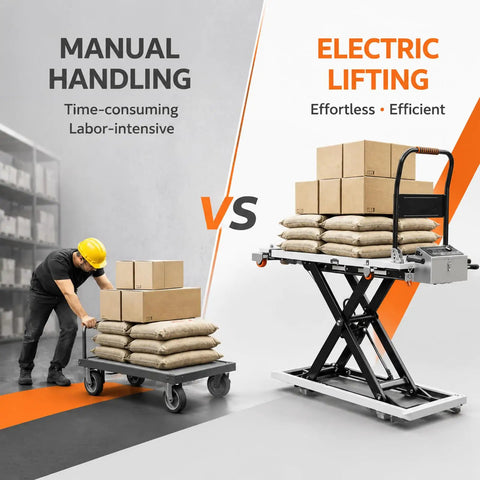 Image showing comparison of manual handling versus Heavy Duty Electric Scissor Lift Table Cart With 660 Pound Capacity And 52 Inch Max Height.