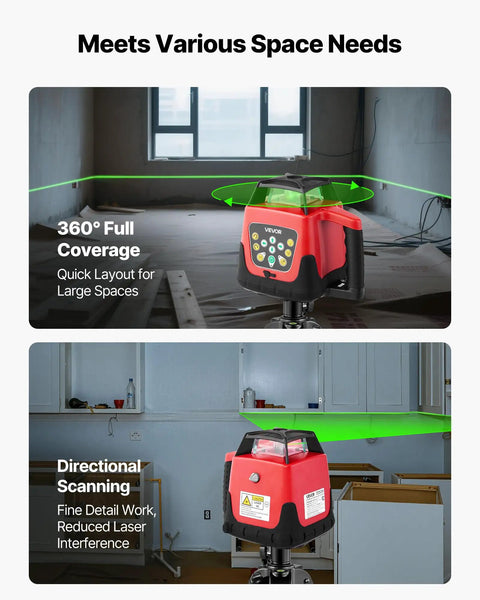 Heavy Duty 360 Degree Rotary Laser Level Kit With 2000 Ft Green Beam in action with green beam coverage in large spaces.