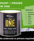 All In One Paint And Primer Black Matte For Indoor And Outdoor Use One Coat Formula DIY Friendly displayed on product can