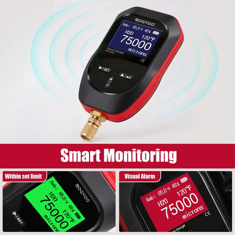 Digital Vacuum Gauge For HVAC And Refrigeration Pros, Micron Vacuum Gauge Tester With 11 Units, Real Time Pressure Readings During System Evacuation, Easy Readout For Tracking Vacuum Changes With A Vacuum Pump For Dehumidification, black red handheld