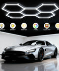 LED Hexagon Garage Light 156W 18720LM 6500K Daylight White Ceiling Lamp installed in garage with sports car underneath
