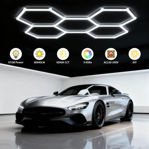 LED Hexagon Garage Light 156W 18720LM 6500K Daylight White Ceiling Lamp installed in garage with sports car underneath