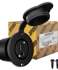Tough As Nails Weatherproof Outdoor Power Outlet With NEMA 5-15 Flanged Receptacle, 15 Amp 125 Volt, Black Nylon, packaging visible