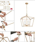 Assembly steps for six-light gold chandelier with rotating arms, featuring brushed gold finish suitable for various rooms.