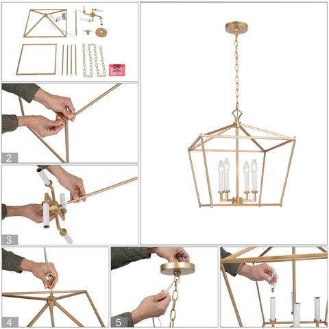 Assembly steps for six-light gold chandelier with rotating arms, featuring brushed gold finish suitable for various rooms.