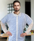 Disposable Lab Coats for Adults, Medium White, Pack of 10, Non Woven Polypropylene, Hook and Loop Closure, Elastic Wrists, No Pockets, Unisex Lab Coat Classroom Workplace Use worn by adult