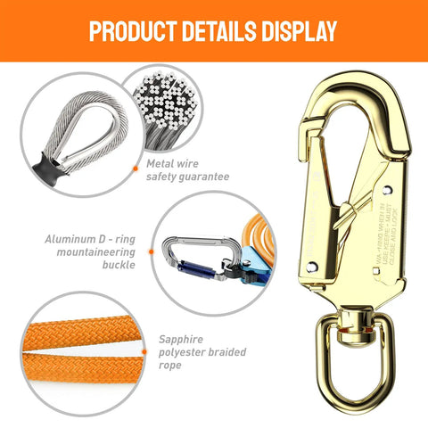 Heavy Duty Tree Climbing Flip Line Kit With 1/2 Inch Steel Wire Core And 8 Foot Length Triple Lock Carabiner Adjuster details