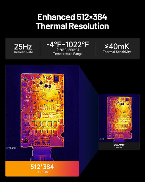 Dual Lens Thermal Camera For Iphone Ipad And Android With 512 By 384 Thermal Resolution And 256 By 192 IR Resolution USB C Compatible Sharp Infrared Imaging Heat Map Ready Blue Temperature Range Minus Four To One Thousand Twenty Two Degrees Fahrenheit showing thermal image and specs chart