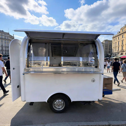 Ready To Roll Custom Mobile Food Truck Trailer With Commercial Kitchen Stainless Sink Refrigerator And Secure Storage For Zero Hassle Street Catering Operations, rear view with open serving area.