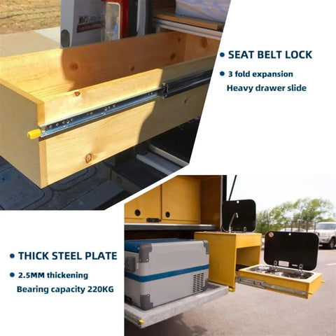 Rock Solid Heavy Duty Full Extension Ball Bearing Drawer Slides With Secure Lock Glides Like Butter For Custom Cabinetry And Garage Storage Units Exactly 56 Inches Long in a vehicle with heavy drawer slide and storage.