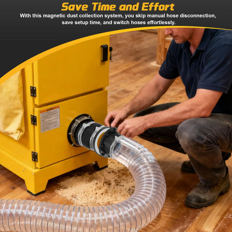 Heavy Duty 4 Inch Magnetic Dust Collection Fittings For Shop Vac Hose Quick Snap Connectors With Magnets connecting to a vacuum.