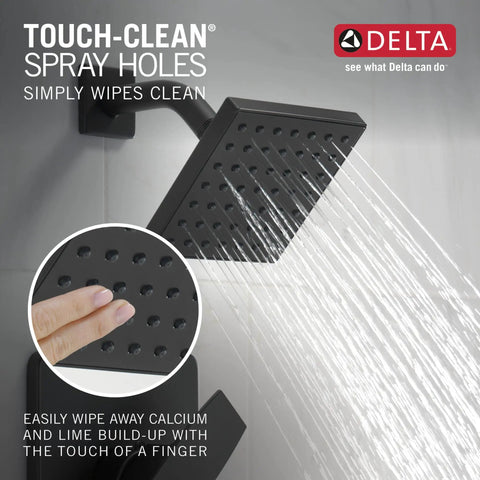 Shower head with water jet feature, part of the Dope Modern 14 Series Square Bathtub And Shower Faucet Set In Matte Black With Touch-Clean spray holes.