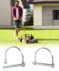 Pack Of 10 Trailer Pins And Locking Pins Set 2.75 Inch Length And 0.25 Inch Diameter For Trailer Hitch Pin Lock And Coupler Pin Heavy Duty Zinc Plated Carbon Steel For Farm Trailers Towing And Lawn Equipment. Lawn mower in background.