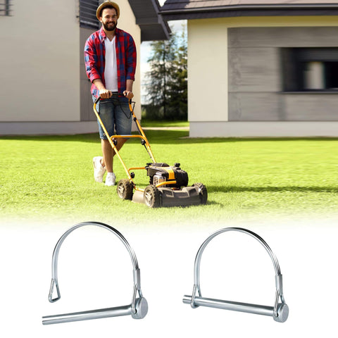 Pack Of 10 Trailer Pins And Locking Pins Set 2.75 Inch Length And 0.25 Inch Diameter For Trailer Hitch Pin Lock And Coupler Pin Heavy Duty Zinc Plated Carbon Steel For Farm Trailers Towing And Lawn Equipment. Lawn mower in background.