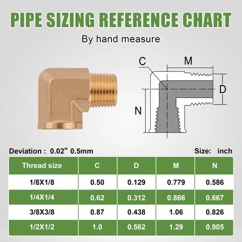 Pipe sizing reference chart for Five Pack 3/8 Inch NPT Brass Street Elbows, 90 Degree Male To Female Forged Pipe Fittings