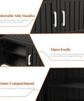 Close-up view of the Waterproof Resin Shoe Bench With Adjustable Shelves, showing black 3-door cabinet details.
