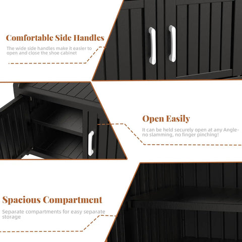 Close-up view of the Waterproof Resin Shoe Bench With Adjustable Shelves, showing black 3-door cabinet details.