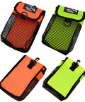 Mesh Diving Gear Bag With Reels Pocket And Surface Marker Buoy, Clip-On Snorkeling Gear Carrier in orange and green, set of four.