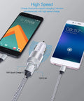 Heavy Duty Fast Charging Gear Featuring Quick Charge 3.0 Wall Plug And Snappy Car Adapter Plus Two Beefy Braided Usb C Cables For Samsung Galaxy S Series And Apple Phones, dual port car adapter charging two devices.