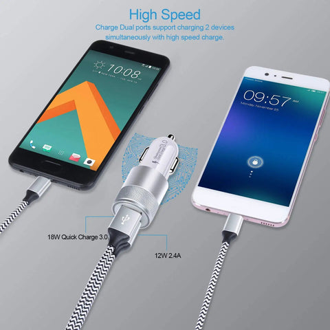 Heavy Duty Fast Charging Gear Featuring Quick Charge 3.0 Wall Plug And Snappy Car Adapter Plus Two Beefy Braided Usb C Cables For Samsung Galaxy S Series And Apple Phones, dual port car adapter charging two devices.