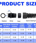 Diagram showing IP68 Waterproof Cable Gland Kit With Strain Relief, 8-Piece Nylon Cable Connector Set with NPT Thread Sizes and dimensions