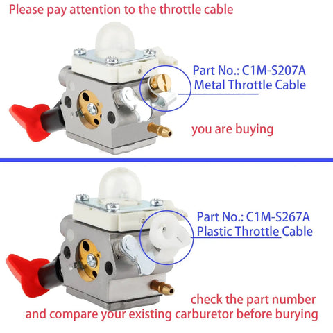 Close-up view of Stihl And Zama Compatible Carburetor Kit For FS56RC Series Trimmers, metal throttle cable option visible