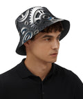 Fresh Unisex Black Bucket Hat With Dope Graphic Print And Super Lightweight Breathable Polyester Twill Fabric Easy Foldable Sun Hat For Chill Outdoor Vibes worn by a man in profile view.