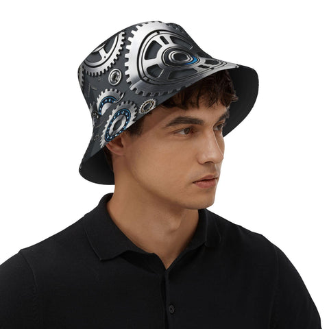 Fresh Unisex Black Bucket Hat With Dope Graphic Print And Super Lightweight Breathable Polyester Twill Fabric Easy Foldable Sun Hat For Chill Outdoor Vibes worn by a man in profile view.