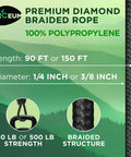 Image highlighting Rugged All Purpose Rope One Quarter Inch And Three Eighths Inch Diamond Braided Polypropylene Nylon Cord For Camping Crafting Flag Poles Indoor And Outdoor Use Ninety To One Hundred Fifty Foot Lengths Black with specifications.