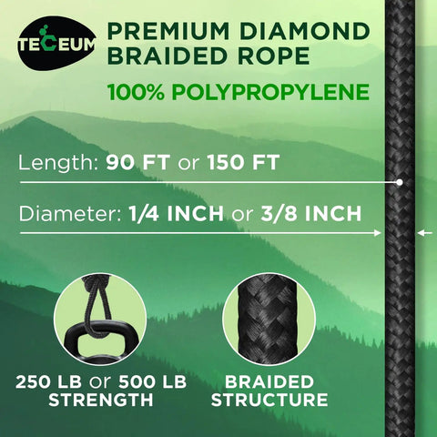 Image highlighting Rugged All Purpose Rope One Quarter Inch And Three Eighths Inch Diamond Braided Polypropylene Nylon Cord For Camping Crafting Flag Poles Indoor And Outdoor Use Ninety To One Hundred Fifty Foot Lengths Black with specifications.