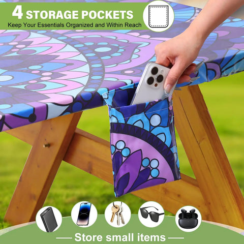 Close-up of vinyl picnic table cover with pocket fitting standard 6 ft table, showing waterproof design and storage feature.