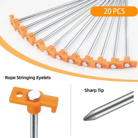 20 Piece Tent Stakes With Camping Hammers Rustproof 7.1 Inch Galvanized Steel Tent Pegs with orange heads displayed